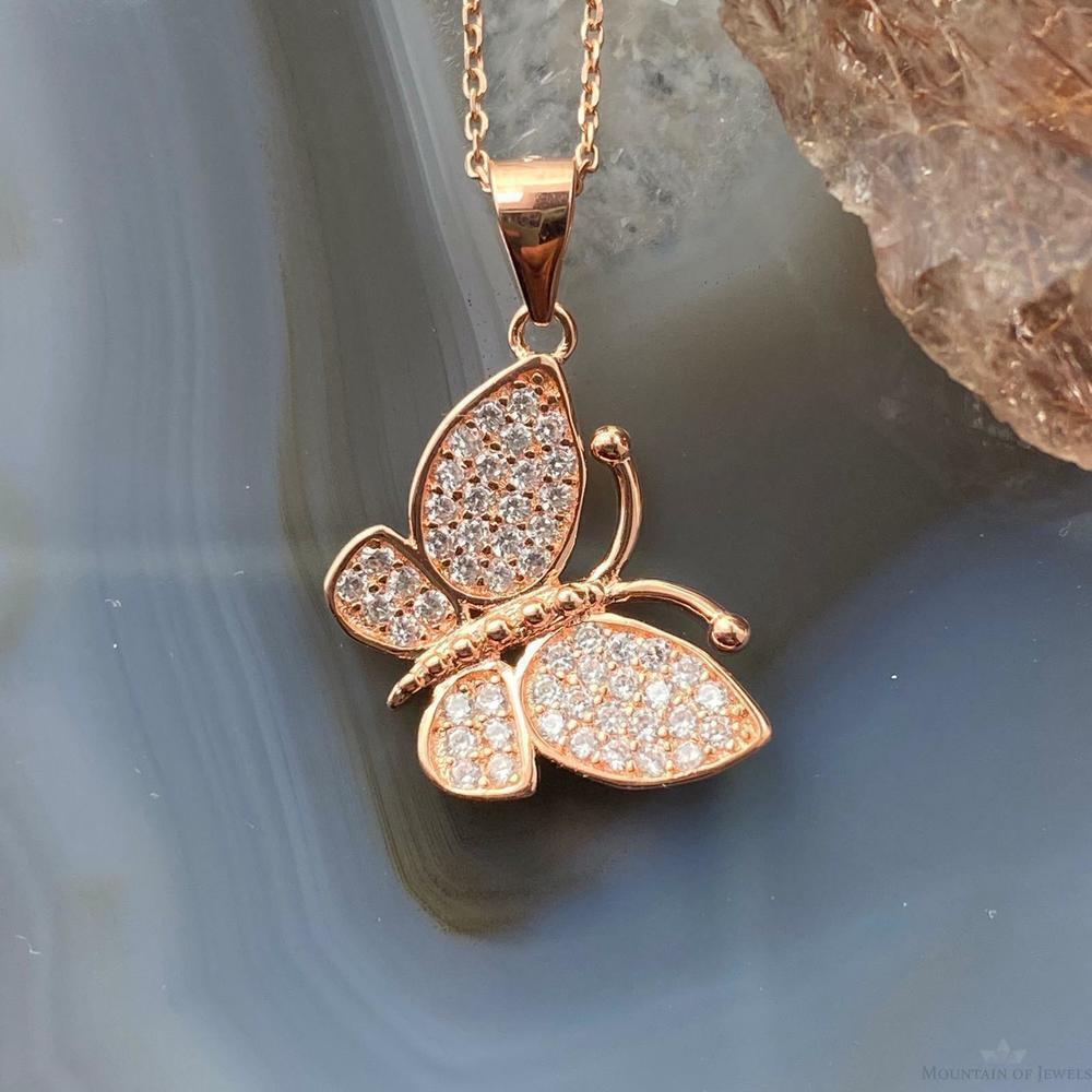 Sterling Silver Rose Coated with Cubic Zirconia Butterfly Pendant with Chain - Picture 3 of 9